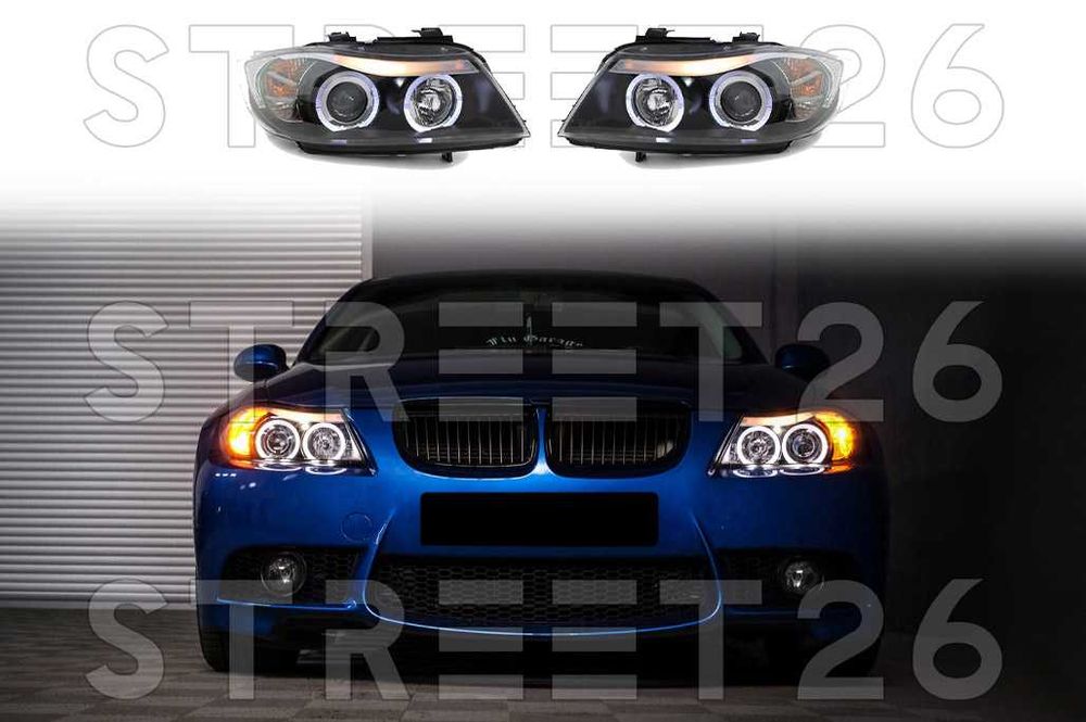 Faruri BMW Seria 3 E90 E91 (2005-2008) Angel Eyes Negru