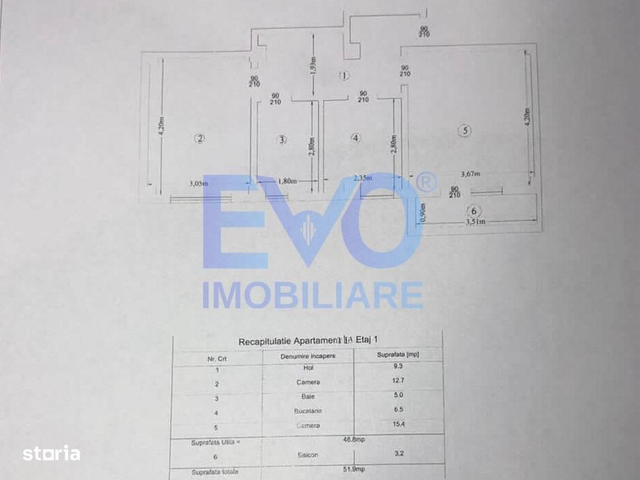 Apartament cu 2 camere, etajul 1, decomandat, geam la baie, zona Rediu