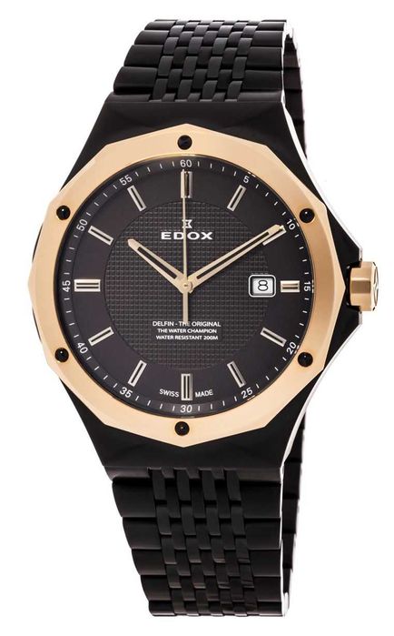 Ceas Bărbați Edox Delfin 53005 37GRM GIR – Quartz Elvețian, 200M, Safir, Negru/Rose Gold