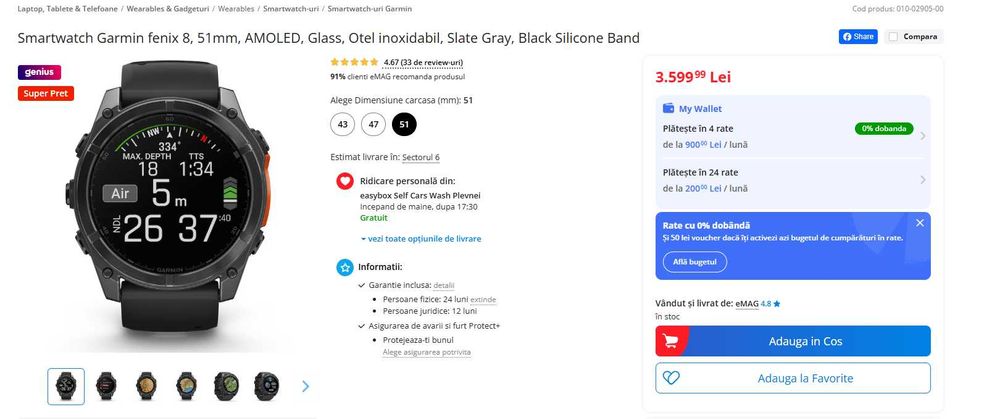 Smartwatch Garmin fenix 8, 51mm, AMOLED, Glass, Otel inoxidabil