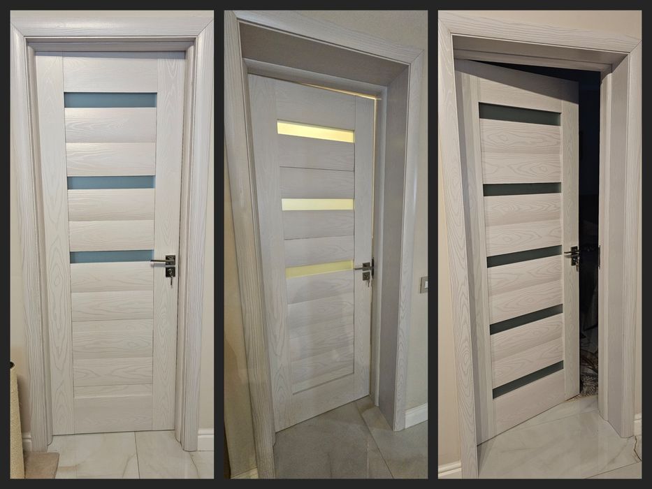 Vând 5 uși de interior MDF – frasin alb texturat, cu sticlă mată - set