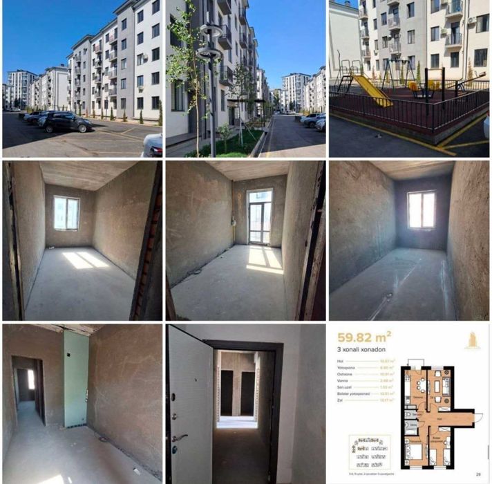 ЖК Dustlik 3 комнатная 59м2 коробка, кадастр есть, Сквозная 4 окна