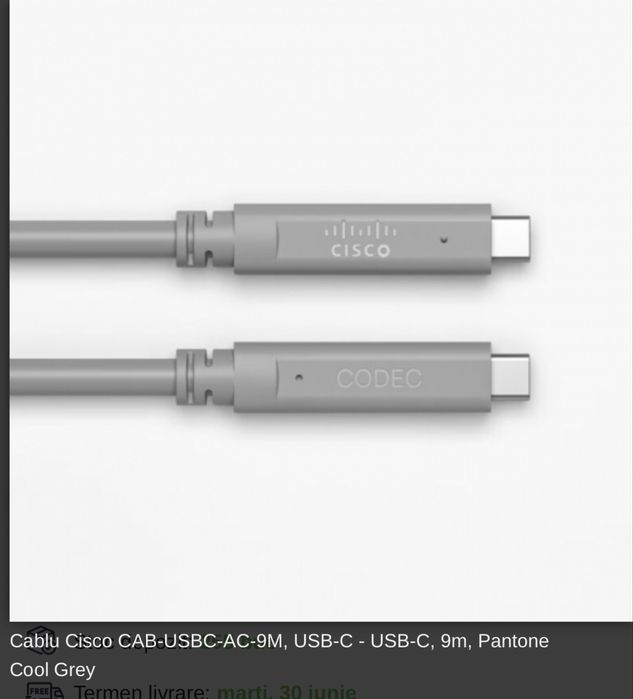 Cablu Cisco CAB-USBC-AC-9M  USB-C - USB-C, 9m, Pantone Cool Grey