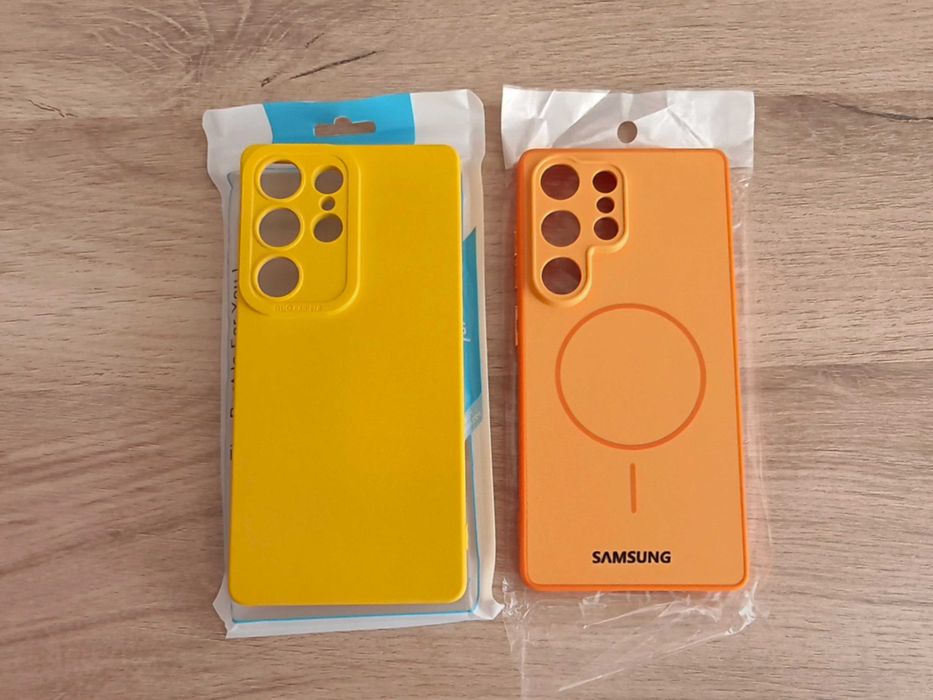 Калъф кейс течен силикон за Samsung Galaxy S25 Ultra - 2 броя: жълт и оранжев + бонус фолио протектор