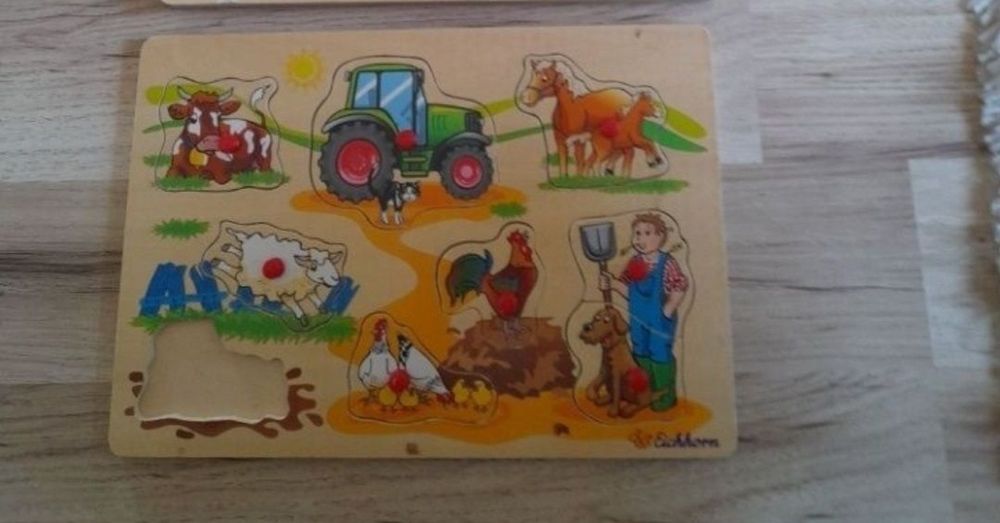 set 2 puzzle Montessori lemn copii animale ferma stampile