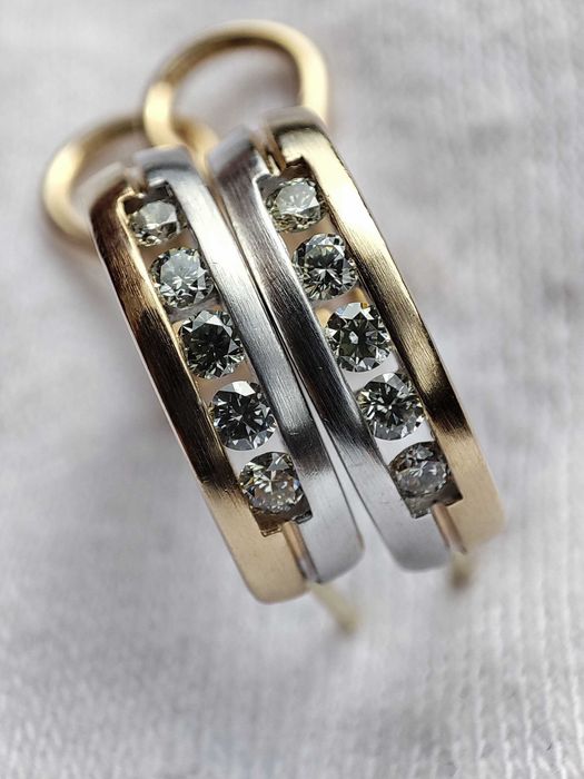 Cercei aur galben alb 14k Bicolor Half Creole Omega cu Diamant Briliant diamante briliante Certificat aur diamante ARTMAX