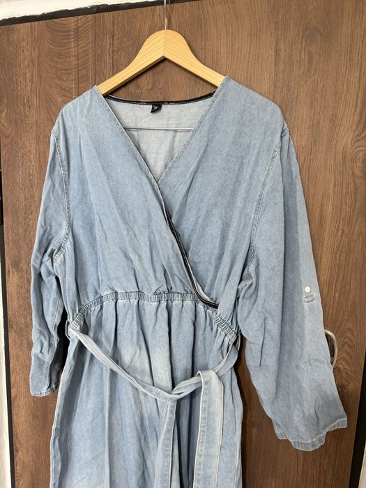 Rochie blug denim cu cordon si decolteu in V