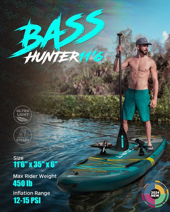 Нов, висок клас, широк 350 СМ надуваем падъл борд all-round SUP MYBOAT MY16 (Bass Hunter Green PRO) в тюркоазено-зелен дизайн.