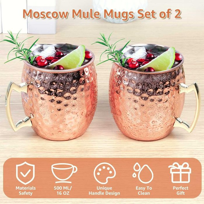 Нови медни чаши с дръжки, 100% чист мед, Moscow Mule, 2 броя в цената!