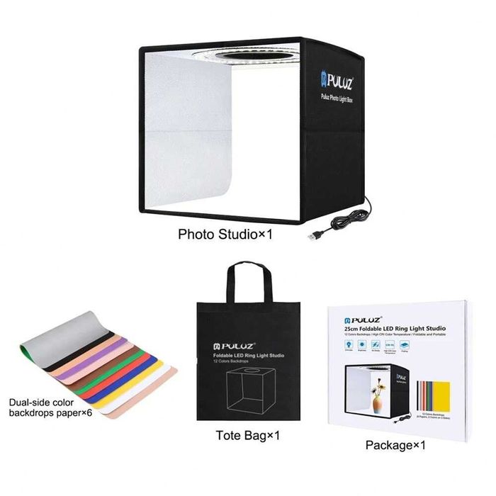 Lightbox portabil PULUZ 25cm cub foto cu LED pt fotografie de produs