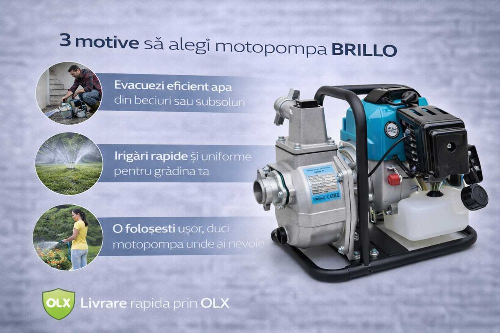 Motopompa Brillo 4CP pe benzina, 4.0 CP – debit mare 9000 l/h