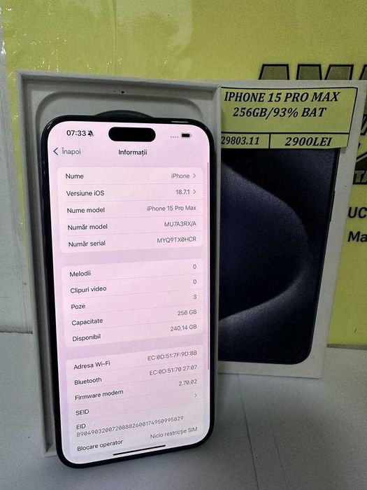 Iphone 15 pro max 256gb 93% bat, cutie (ctg)
