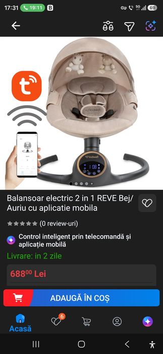 Vand leagan kidwell pentru copii - Balansoar electric 2 in 1 REVE Bej/Auriu cu aplicatie mobila