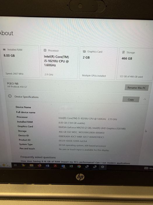 HP ProBook 450 G7 | Intel Core i5 | NVIDIA MX250 2GB | 8GB RAM | 512GB SSD