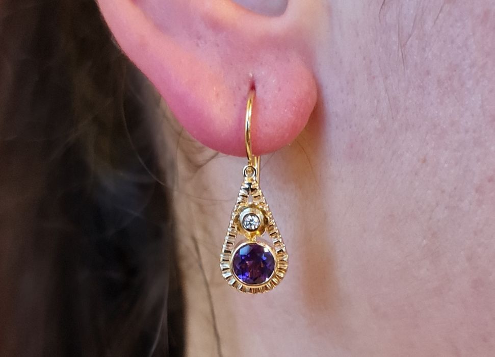 Cercei din aur galben 14k cu diamante și ametist natural