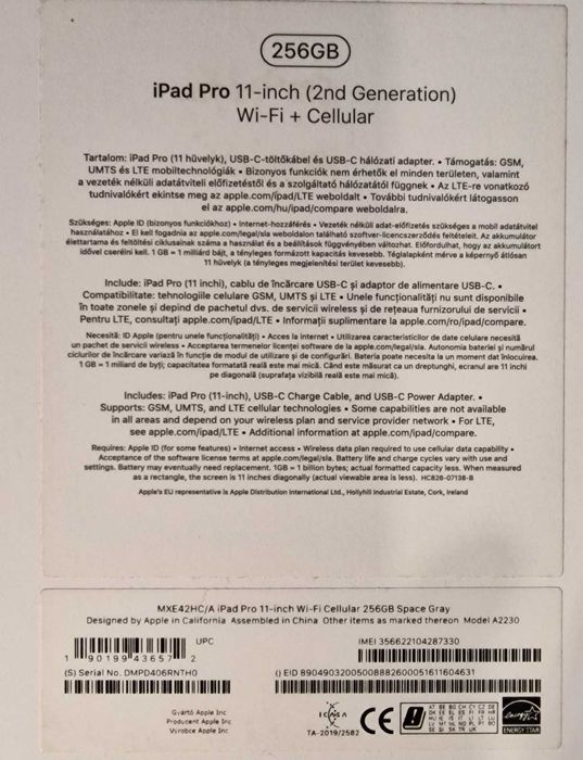 Tableta Apple iPad 11 Pro 2 2020 SIM 4G 256GB A2230 NOU nefolosita