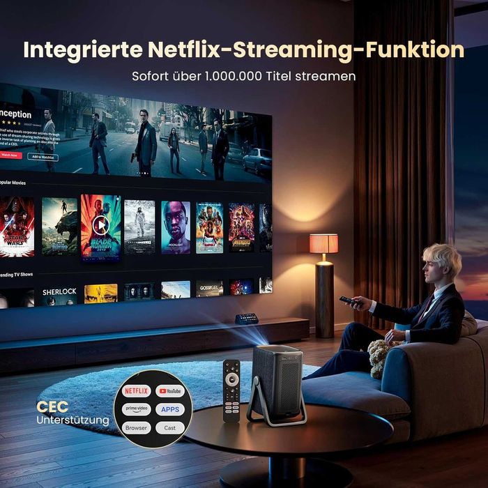 Proiector inteligent 4K | Dolby Audio și DTS | Focus automat și trapez 6D | HDR10+, WiFi 6 și Bluetooth 5.4 | Home Cinema