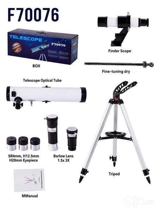 F70076 Astronomik teleskop 76/700 HD to'liq komplekt 875x