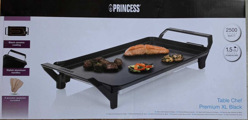 Grill electric Princess Table Chef Premium XL, 2500 W, Suprafata ceramica antiaderenta, Termostat reglabil, Aluminiu, Suprafata gatire 26x46 cm, Negru