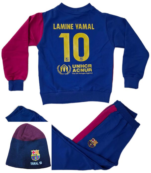 Yamal Сет Зимна Шапка + Детски анцуг Ламин Ямал бял син Барселона