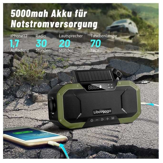 NOU Radio Portabil cu Lanterna, Solar, USB, IPX6, 4000mAh
