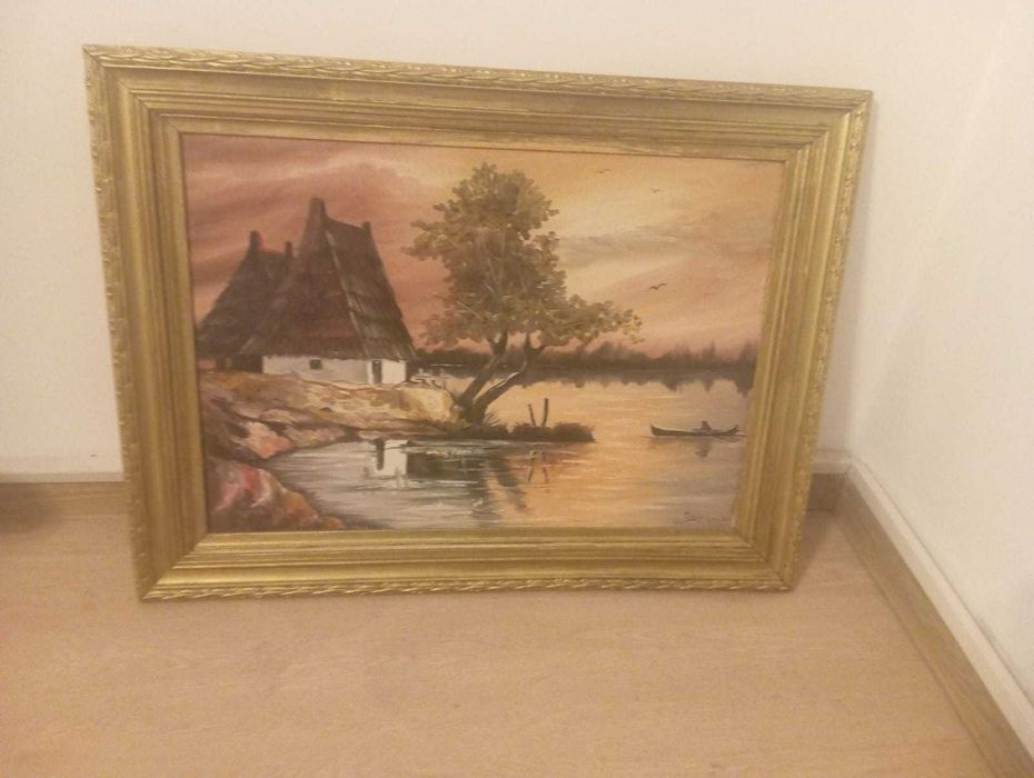 Tablou vechi 1977 – Peisaj rural, pictor român, ramă aurie, 82 × 62 cm