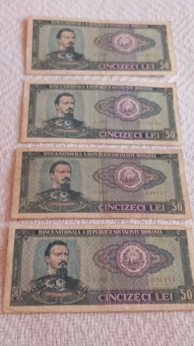 Vand 4 bancnote vechi de 50 lei 1966,serie mica E0001 toate