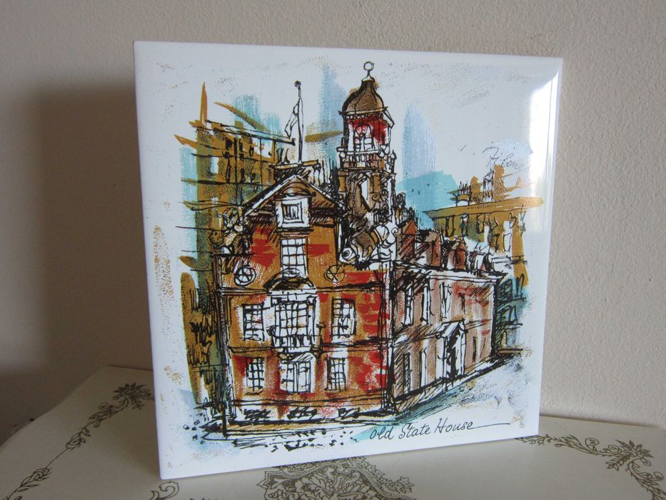 cadou rar SUA Paul Revere + Old State House placi portelanate pictate