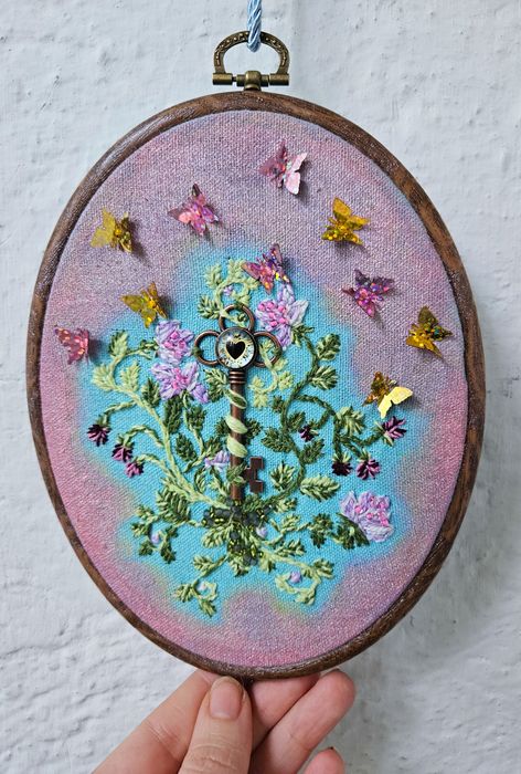 Broderie mixed media art Key to Love Garden