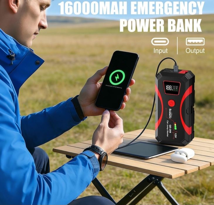 Преносим стартер за кола, 2000A, power bank USB x2, LED фенерче с 3 режима