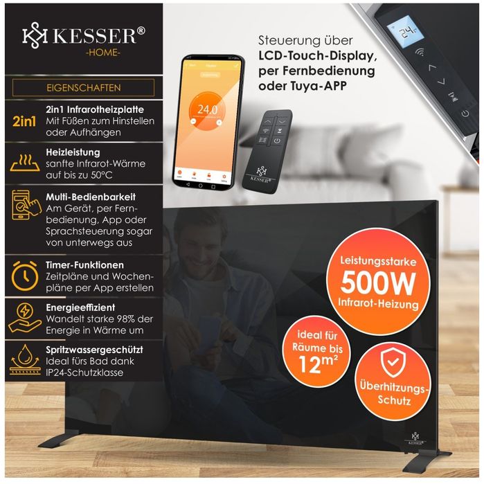 Стъклен инфрачервен нагревател 500W ,стенен и на крачета, дистанционно