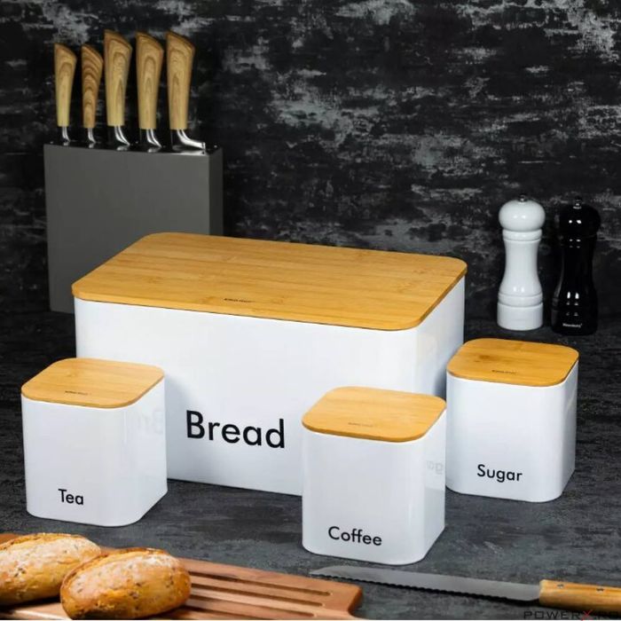 Cutie pentru paine si 3 recipiente, otel, 11,5x11,5x12,3 cm alba