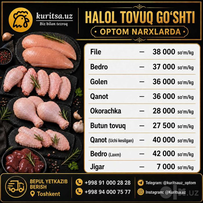 Tovuq go'shti optom Razdelka File Bedro Golen Qanot Butun Tovuq