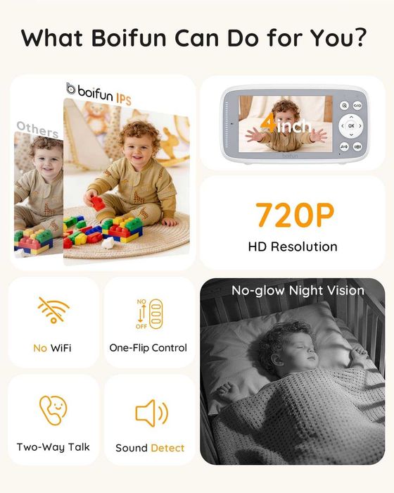 Бебешки монитор Boifun без WiFi, камера и аудио, 4" 720P IPS екран, 2 камери, приспивни песни