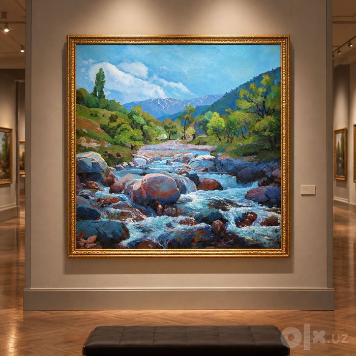 Картина «Горный пейзаж» 90×90 см в золотой раме