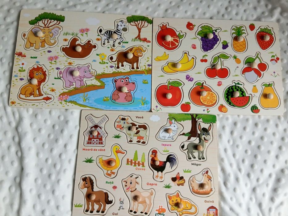 Set 3 puzzle-uri de lemn cu butoni de prindere