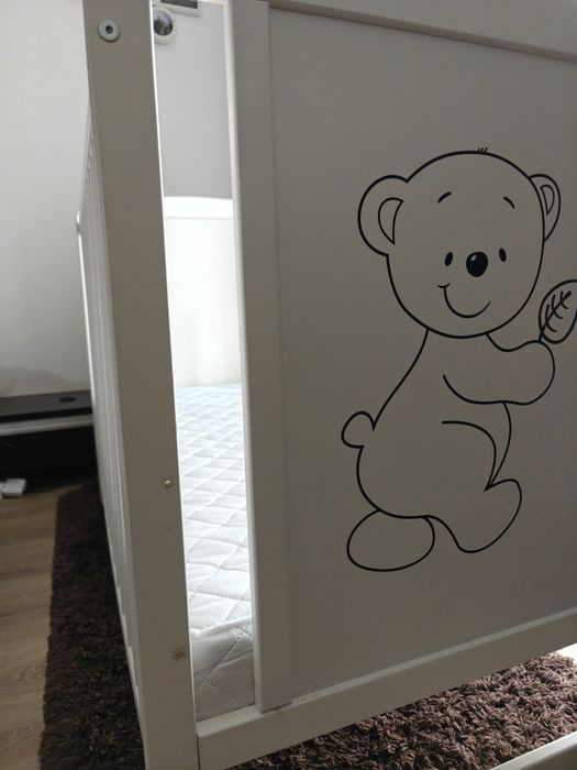 Pătuț bebe din lemn masiv Bear 120x60cm și saltea Cocos