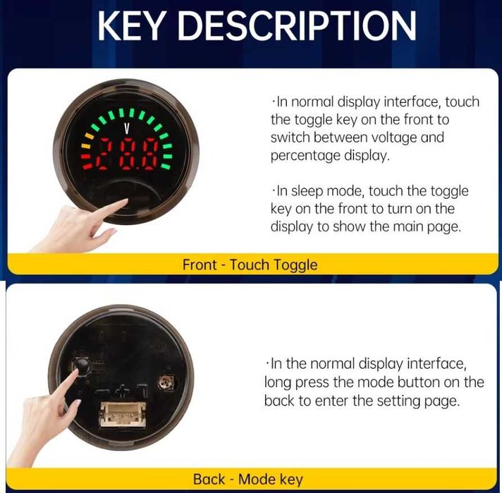 Индикатор за капацитета на батерията DC 8V-100V с термометър и аларма