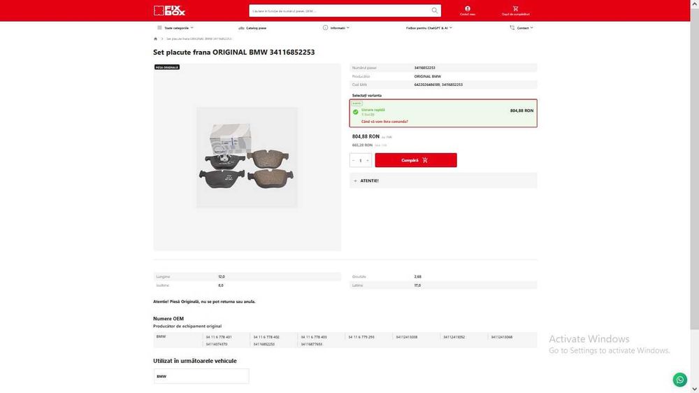 SetPlacute FranaBMW Piesa originala BMW, placute fata si placute spate