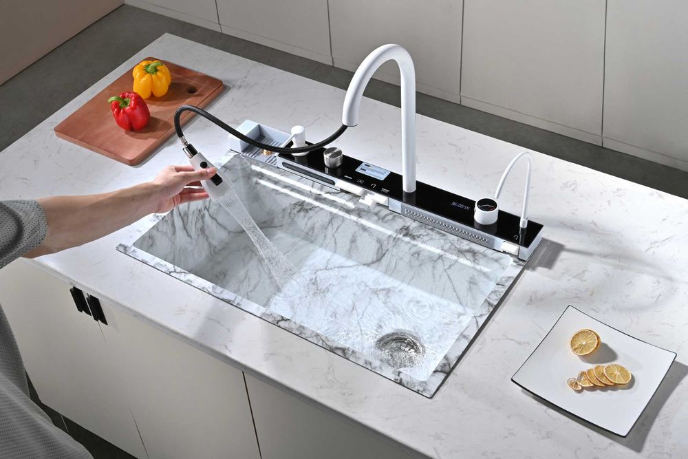 Бял мрамор - Мултифункционална кухненска мивка с двоен водопад