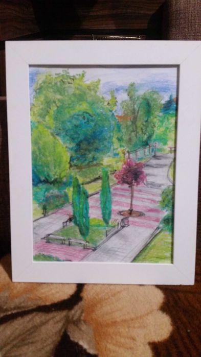 Алея в парка. Цветна картина, рисувана с цветни моливи, туш и т.н.