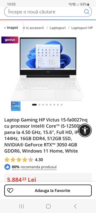 Laptop HP Victus alb cu sistem Windows 11