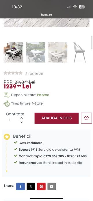 Set deosebit masa + 4 scaune