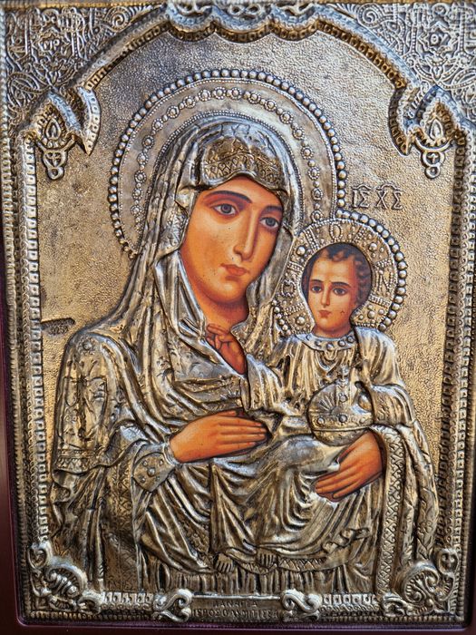 Чудесна голяма антикварна сребърна икона със сертификат