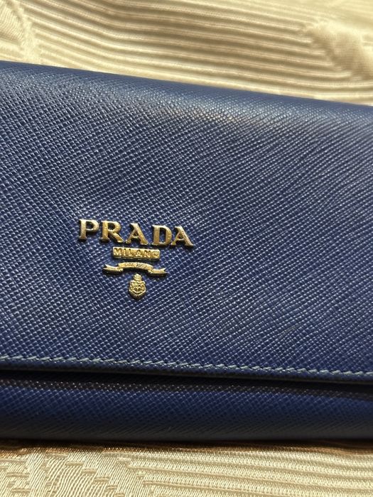 Дамски кожен портфейл Prada Saffiano Leather Long Flap Wallet / Blue