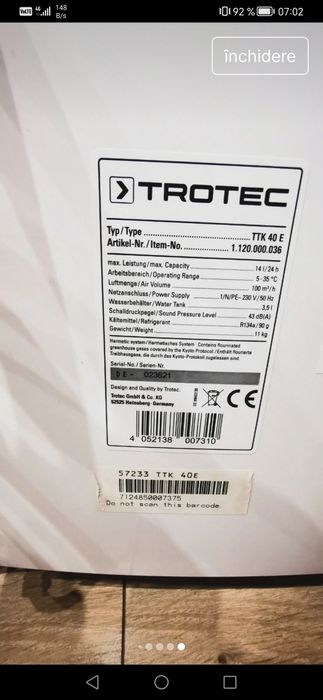 Dezumidificator/Purificator aer TrotecTTK40E