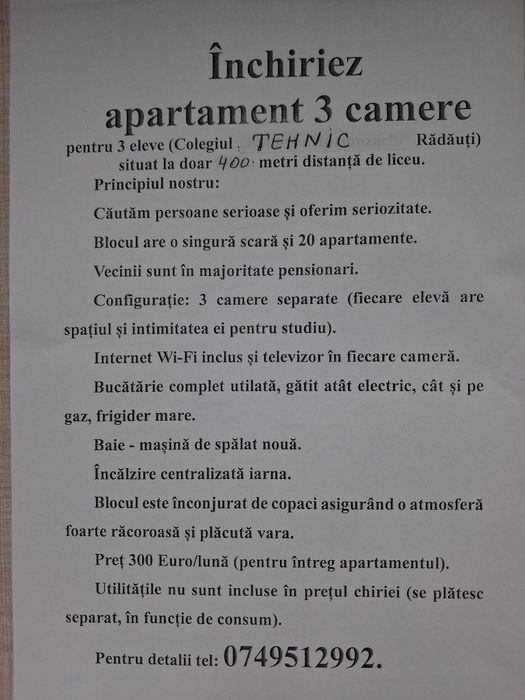 Închiriez apartament 3 camere.