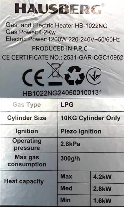 Sobă cu gaz - electric Hausberg HB 1022 NG NOUĂ - 395 Lei