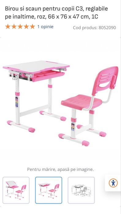 Set birou și scaun copii reglabil, roz, aproape nou