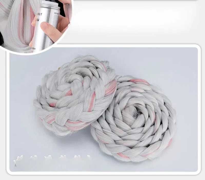 Висококачествена аниме перука бяло и розово с подвижни опашки